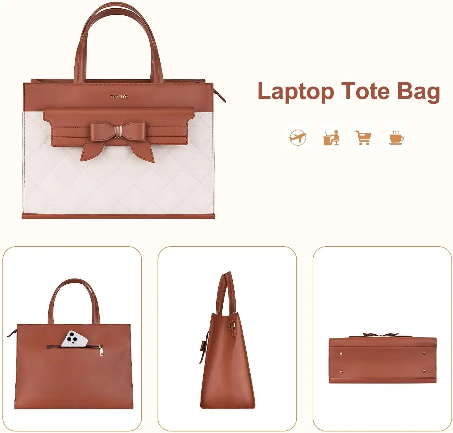 Laptop Tote Bag for Women 15.6 Inch PU Leather Computer Bag Waterproof Office Business Handbag Shoulder Bag with Clutch Purse