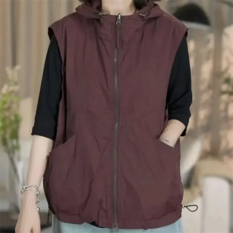 Two Sided Design Hooded Vest For Women In Spring Summer 2024 New Casual Fashion Versatile Sleeveless Lightweight Vest