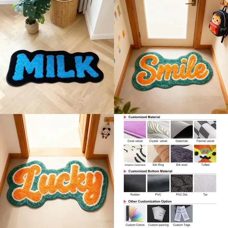 Custom Irregular Letter Design Flocked Non Slip Floor Mat Medium Plush Microfiber Carpet Unique Home Decoration Rug