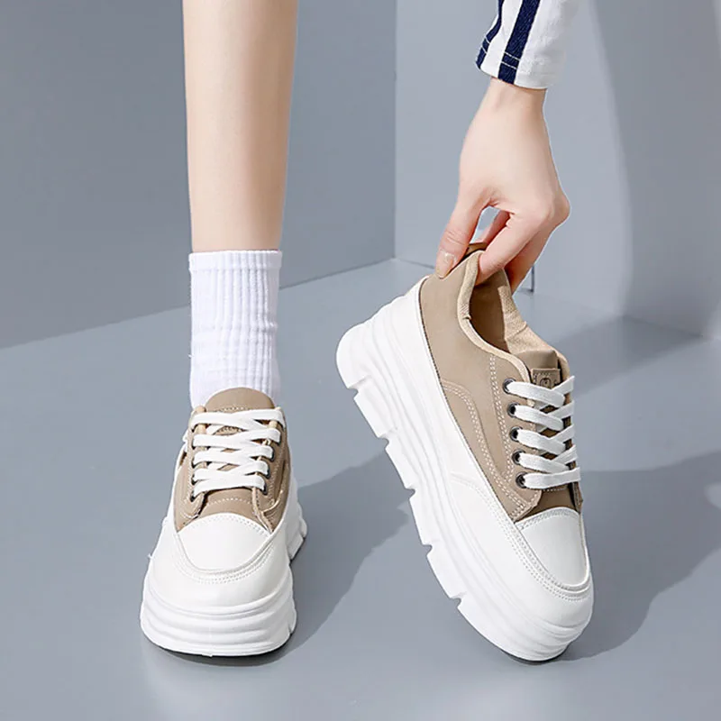 Sneakers basse casual da donna per primavera/autunno, scarpe da passeggio con suola spessa e vulcanizzata, allacciatura spessa e suola morbida._voghion.com