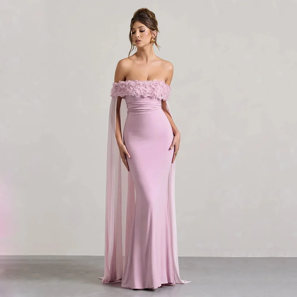 

Customized Pink Simple Evening Dresses Jersey for Floor-Length Off the Shoulder Prom Dress Flowers Straight Robes De Soirée