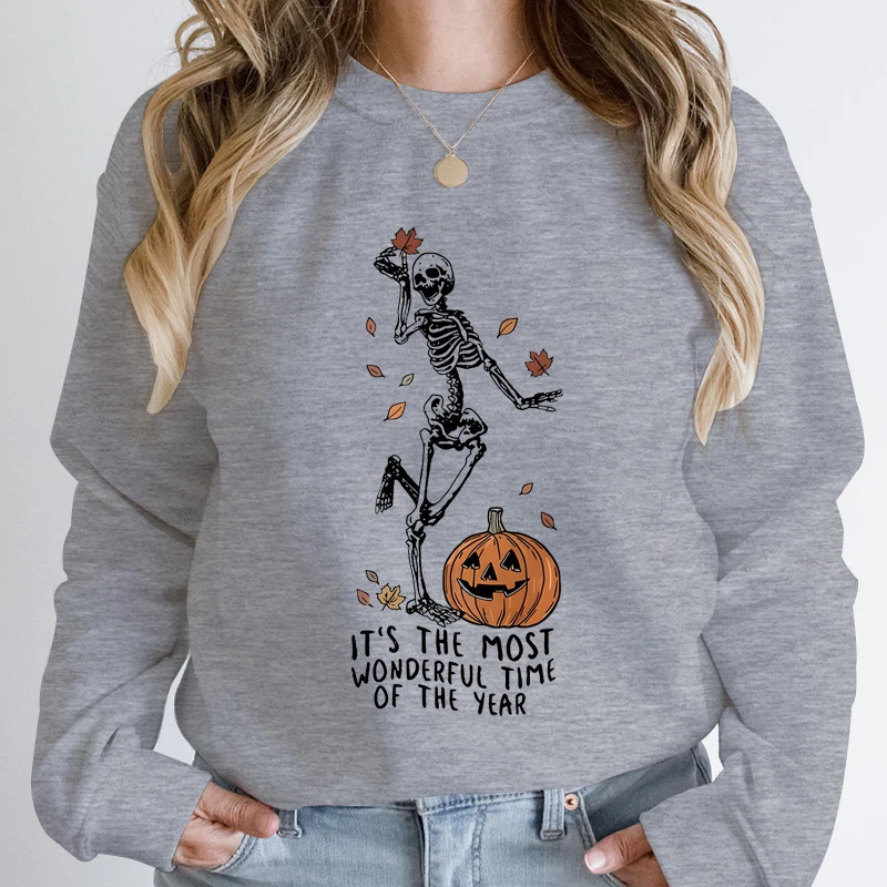 Halloween Skeleton & Pumpkin Print Sweatshirts Casual Long Sleeve Crew Neck Sweatshirt Women\'s Clothing