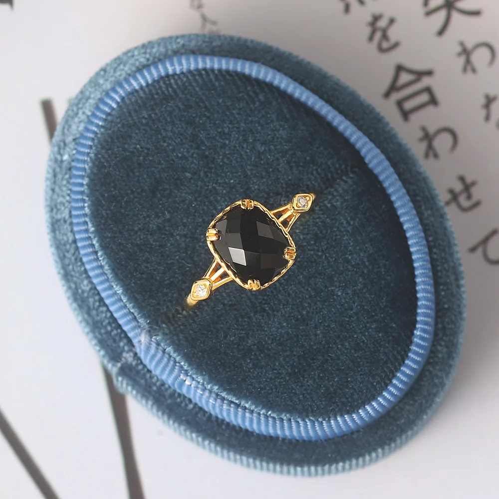 LAMOONแหวนเงิน925สำหรับผู้หญิงสีดำธรรมชาติAgaleแบนตาข่ายพื้นผิว14K Gold Plated Fine Jewlerly LMRI109