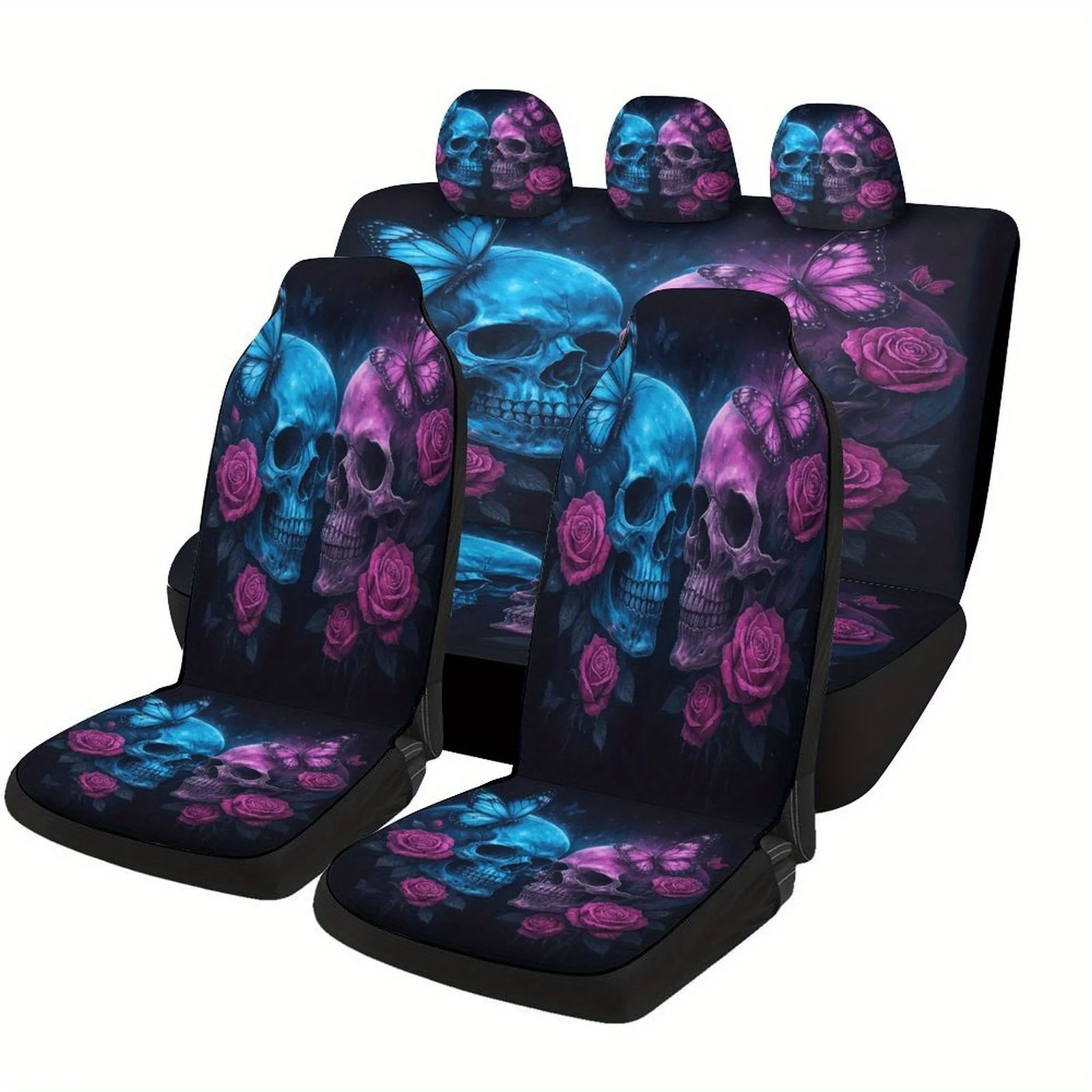 

Skull Roses Butterflies Themed Car Seat Covers Set For Most Cars, Decorative Fashionable High-quality Car Seat Protector Covers