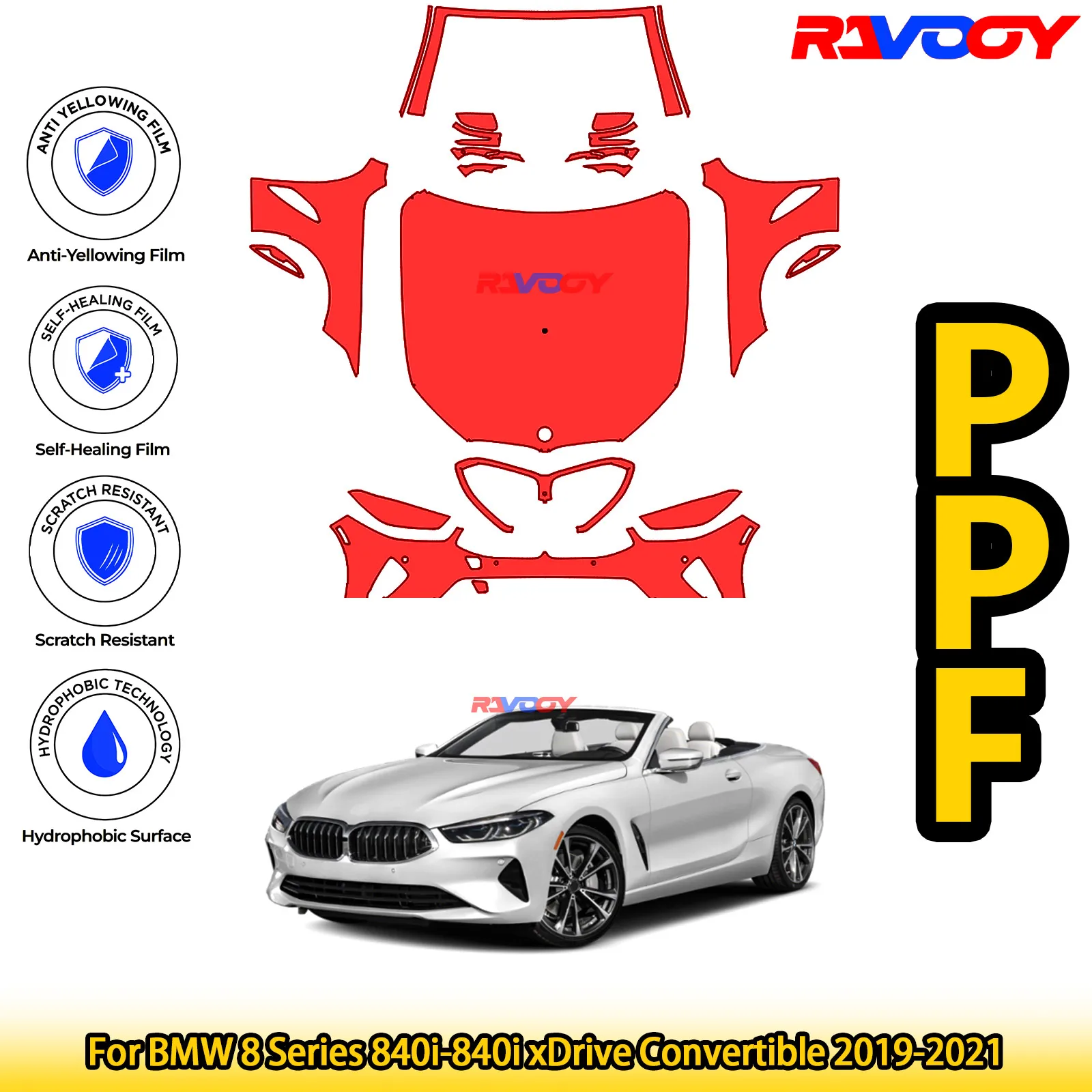 

For BMW 8 Series 840i-840i xDrive Convertible 2019-2021 Glossy Matte Black Precut front PPF Kit Paint Protection Film