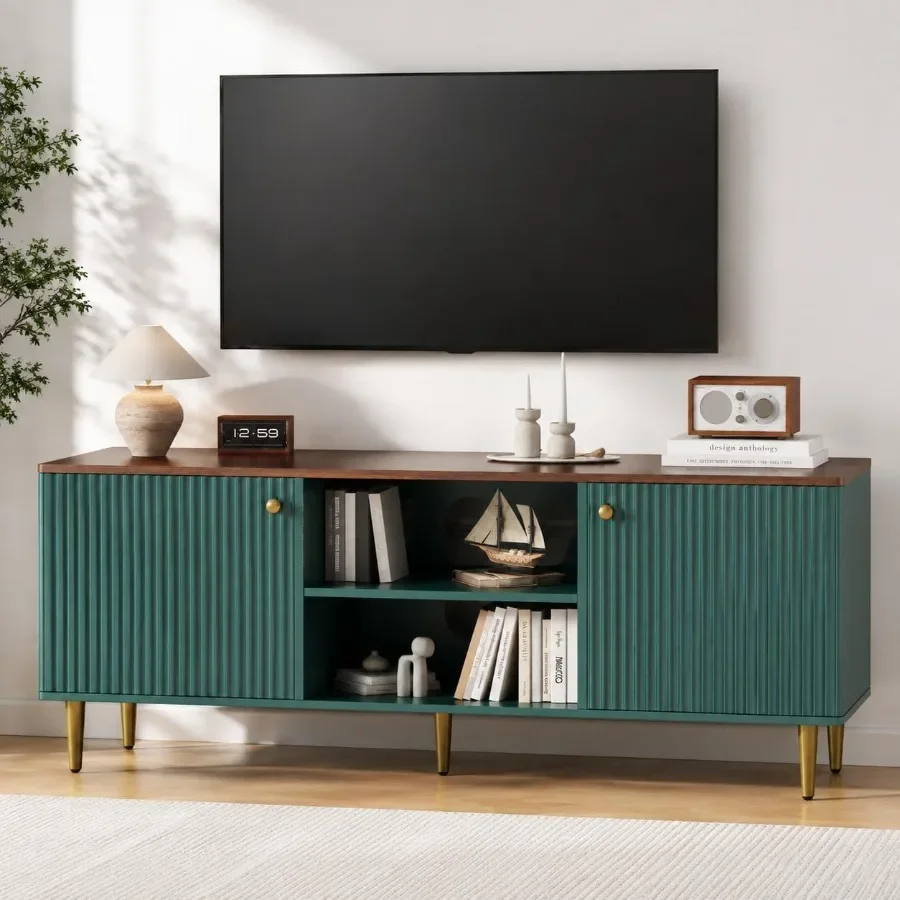 Mid Century entertainment center for TVs up to 65 inches, fluted design, wood finish, sleek and functional living room TV stand