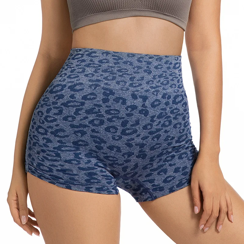 summer high-waisted tummy control sports shorts, leopard print peach shorts, running fitness yoga shorts