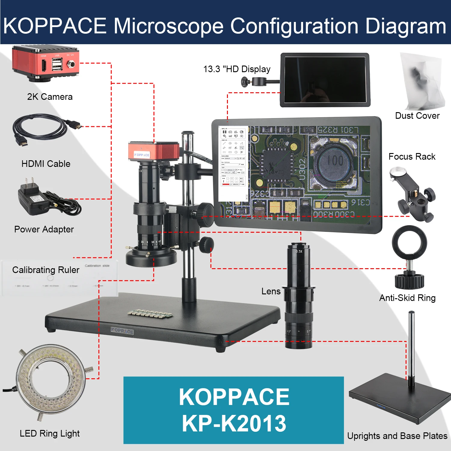 KOPPACE 14X-95X Measure Electron Microscope 2K HD Camera Continuous Zoom Lens LED Light Source