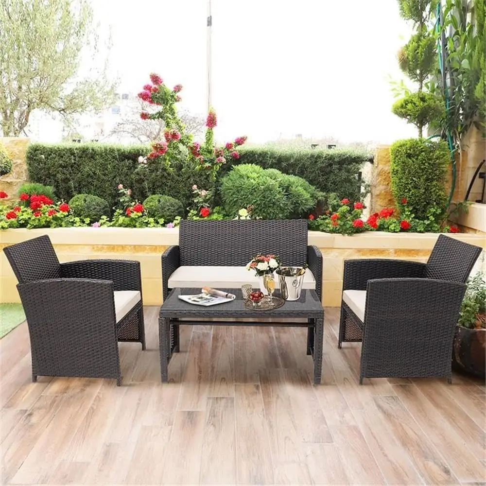 4-Piece Rattan Patio Set Wicker Cushions Glass Table Steel Frame Weather-Resistant Outdoor Sofa Garden, Customized