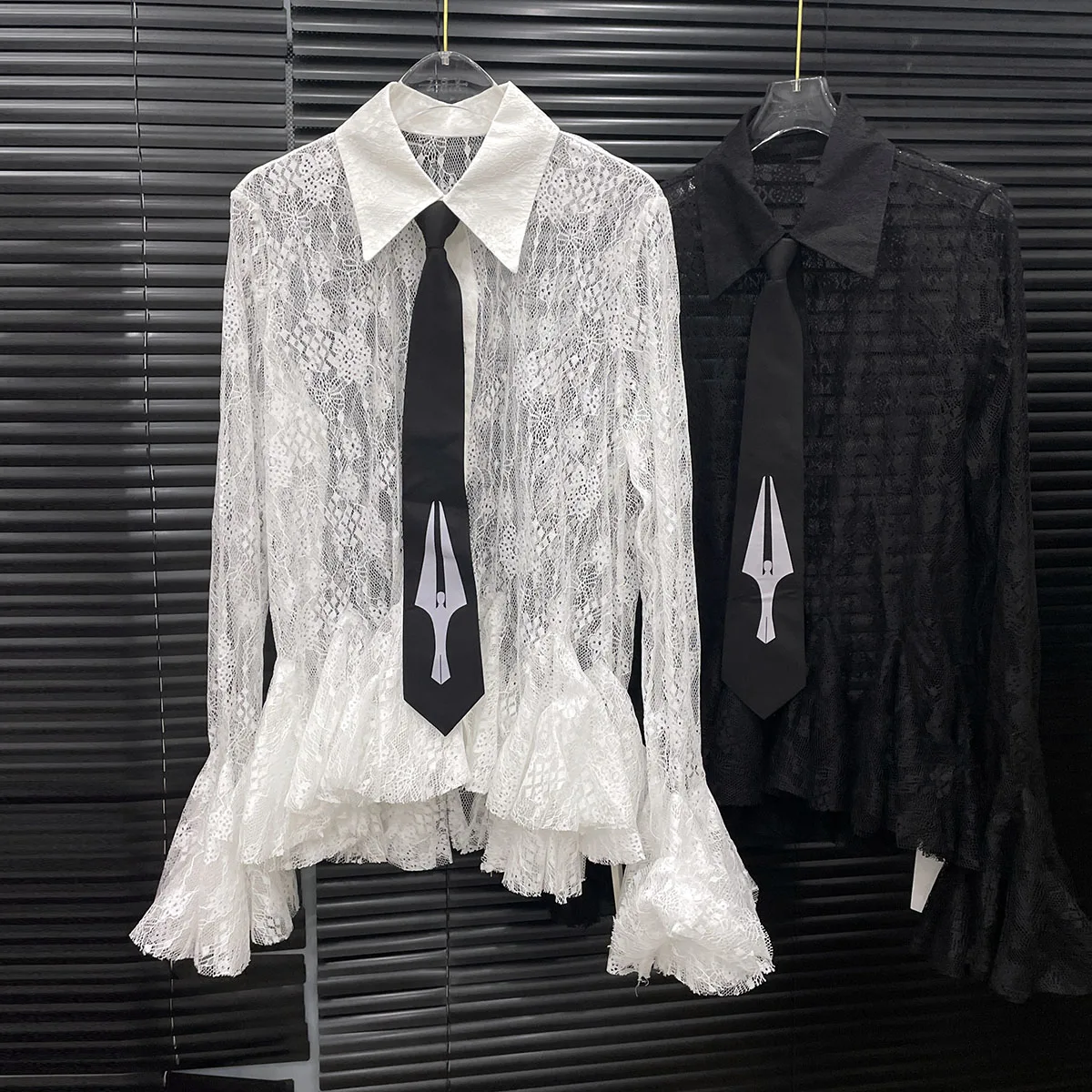 

Перспективная женская кружевная рубашка с оборками и галстуком, большие шифоновые блузки с длинными расклешенными рукавами, однобортные топы