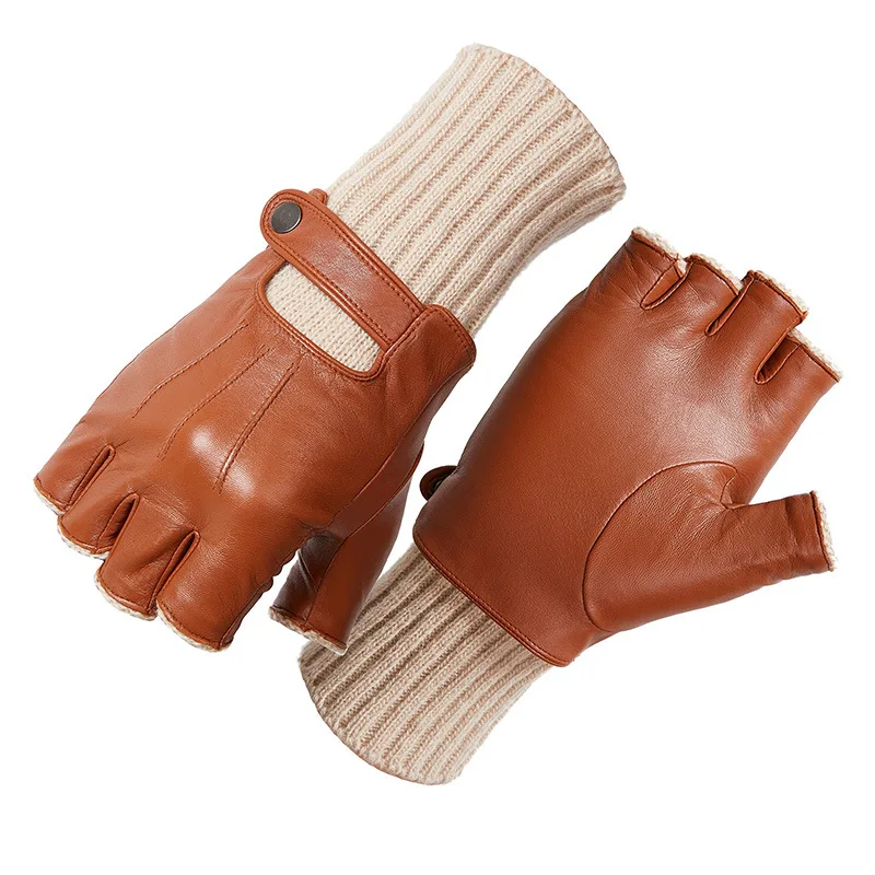 

Men's Genuine Leather Winter Warm Snap-fastener Fingerless Semi-finger Driving Riding Punk Rock Mitts Gloves