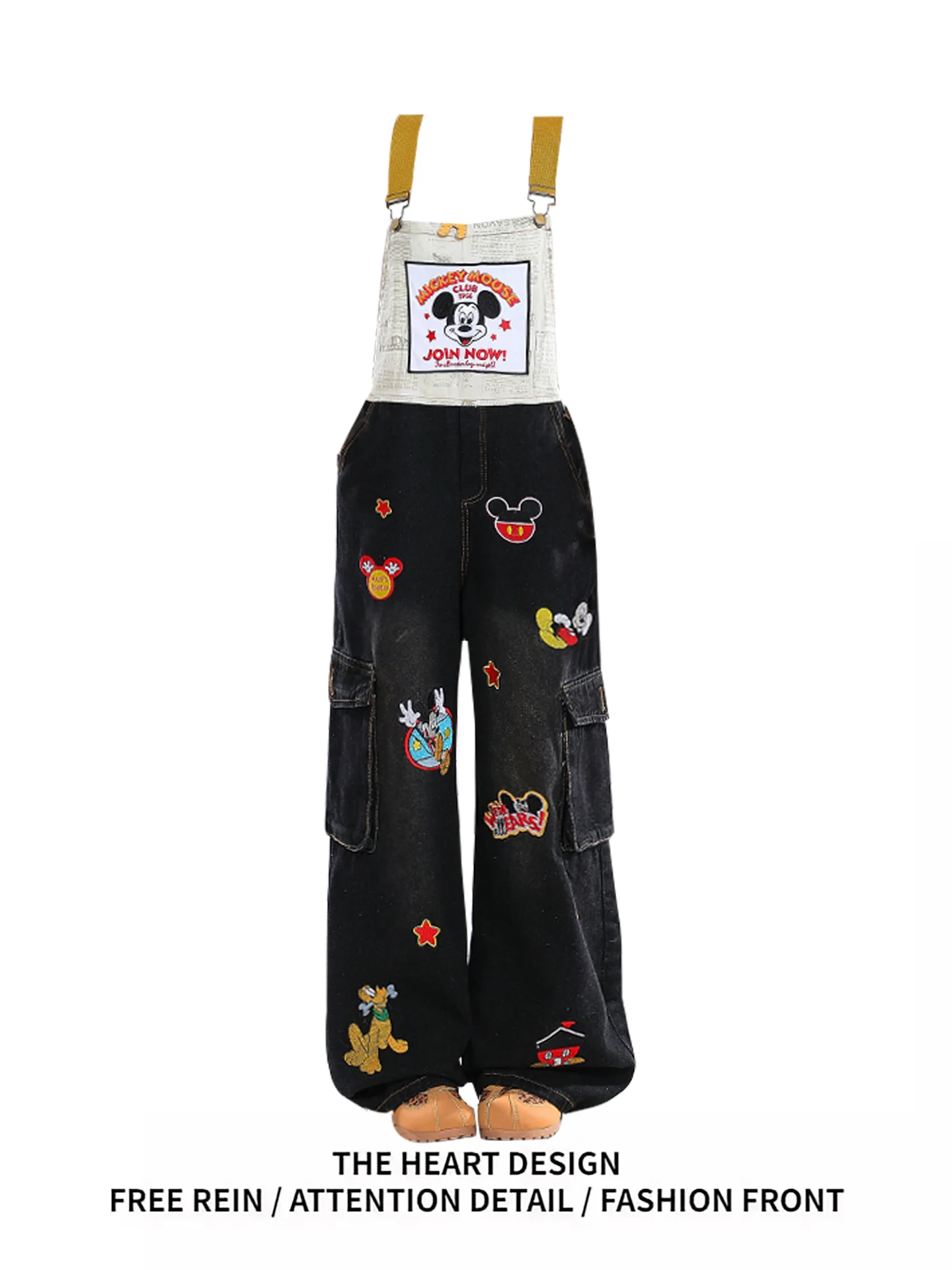 

Cartoon Miey Embroidered Denim Overalls Women's Loose Fit High Waist Wide Leg Pants Casual Wear Winter Season Faion