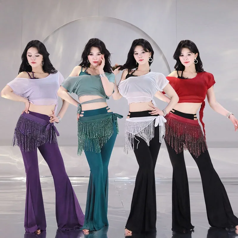 

New Belly Dance Costume Set Mesh Top Tassel Waist Chain Oriental Dance for Beginners