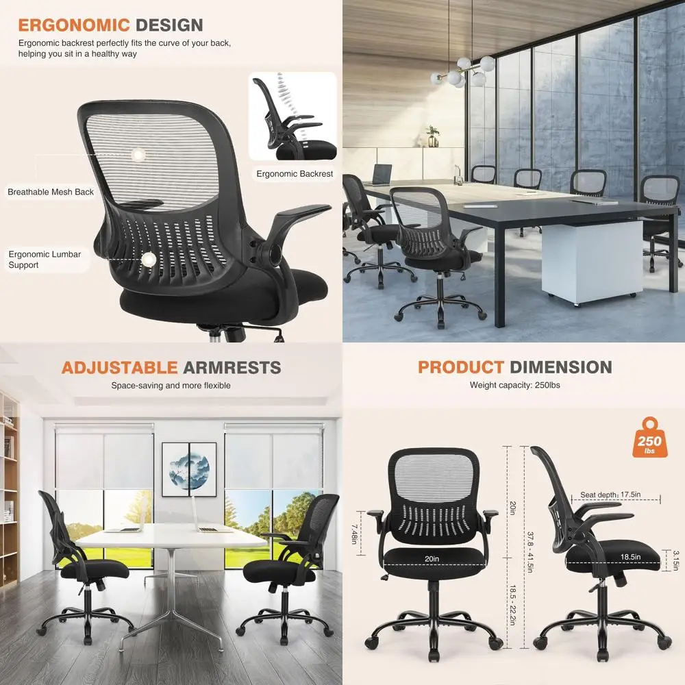 

Ergonomic Mid-Back Mesh Swivel Chair with Wheels, Comfortable Lumbar Support and Flip-up Arms for Home Office, Study, and Bedroo
