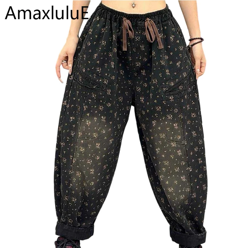 Amax LuluE 2026 Japanese Fall Womens Floral Jeans Loose Vintage Casual Denim Trousers Ladies Classic Elastic Waist Harem Pants