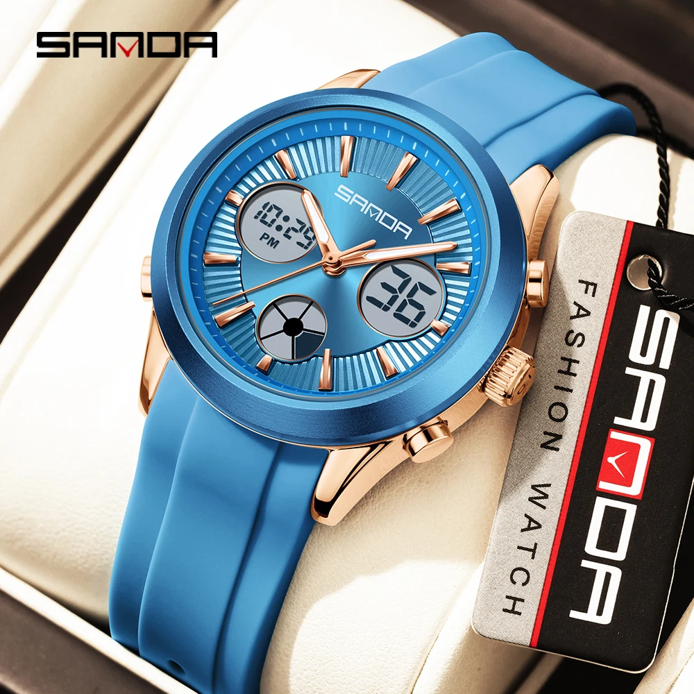 SANDA nuevo 9105 reloj electrónico de moda para hombres con pantalla Dual y luz nocturna impermeable multifuncional para hombres 2025