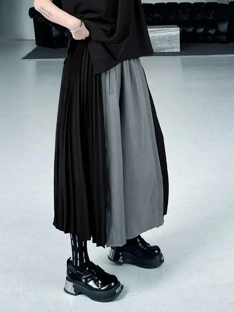 High Elastic Waist Gray Color-block Pleated Wide Leg Pants New Trousers Women Fashion Tide Spring Autumn