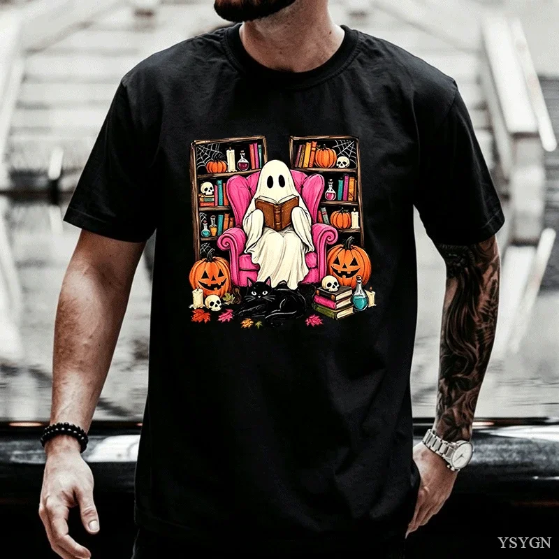 Cute Reading Ghost Halloween Graphic T‑Shirt Ghost Sitting on Pink Armchair Bookshelf Jack‑O‑Lantern Pumpkin Black Cat Tops Tees