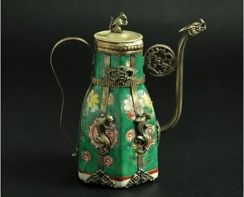 Metal Crafts Antique Imitation tibet-silver carving green Porcelain tea pot/bottle 03 Free shipping