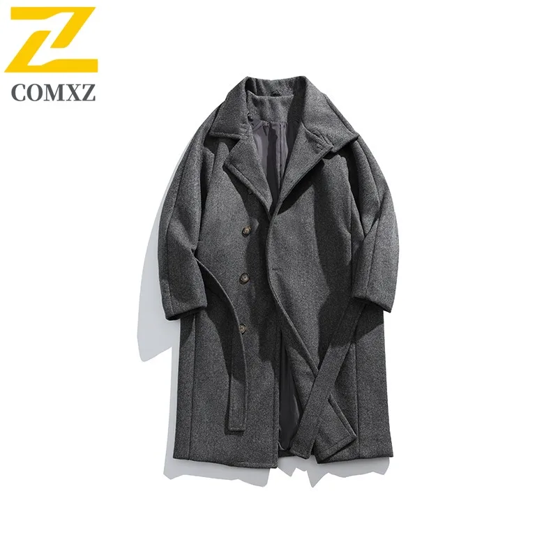 COMXZ 2025 Men Wool Blend Mid-Length Jacket Autumn Winter Waterproof Windproof Solid Color Outerwear Street Style Tactics Coat