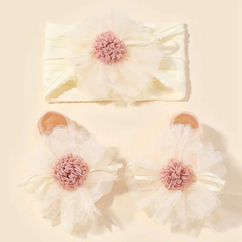 

Baby Flower Headband and Socks Set Newborn Girl's Soft Nylon Hairband Elastic Floral Turban Short Sock Infant Headwear set