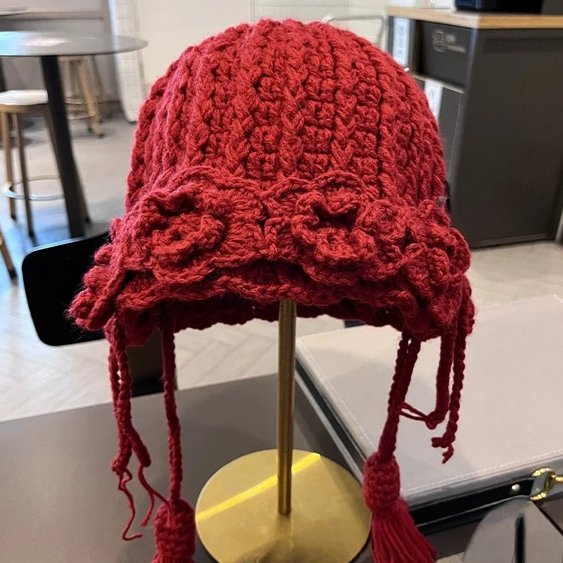 Retro Floral Hand-Knitted Braided Wool Beanie for Women Autumn/Winter Warmth - Versatile Fringe Knit Hat