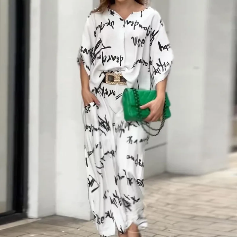 

Fashion V Neck Letter Print Half Sleeved Tops Wide Leg Pant Two Piece Set 2024 Summer New Elegant Office Lady Commuting Suit