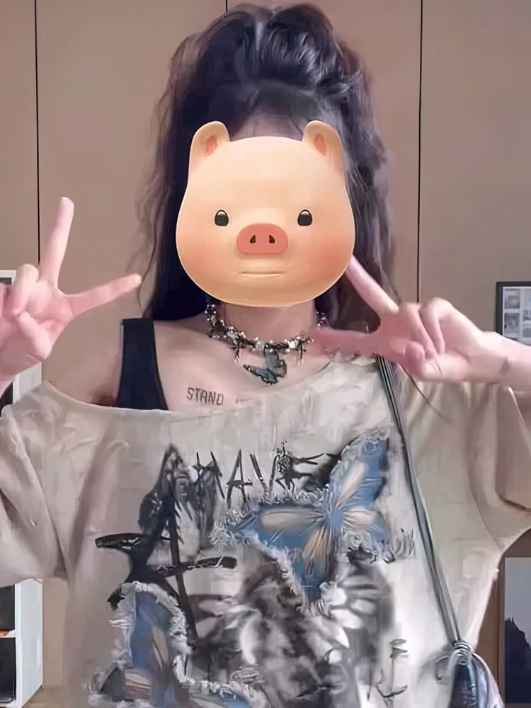 Vintage Y2k Sommer Off Shoulder Oversize Grafik T-Shirt Damen 2000er Chic Kurzarm Top Damen Vintage 2025 Neu