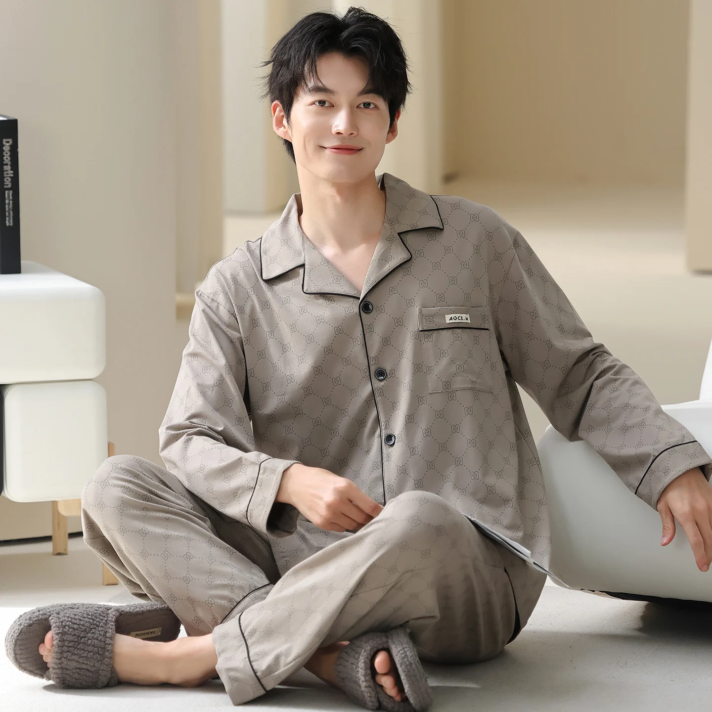 

Big Size L-3XL Men Pajamas Set knited Cotton Long Sleeve Sleepwear Male Night Suits