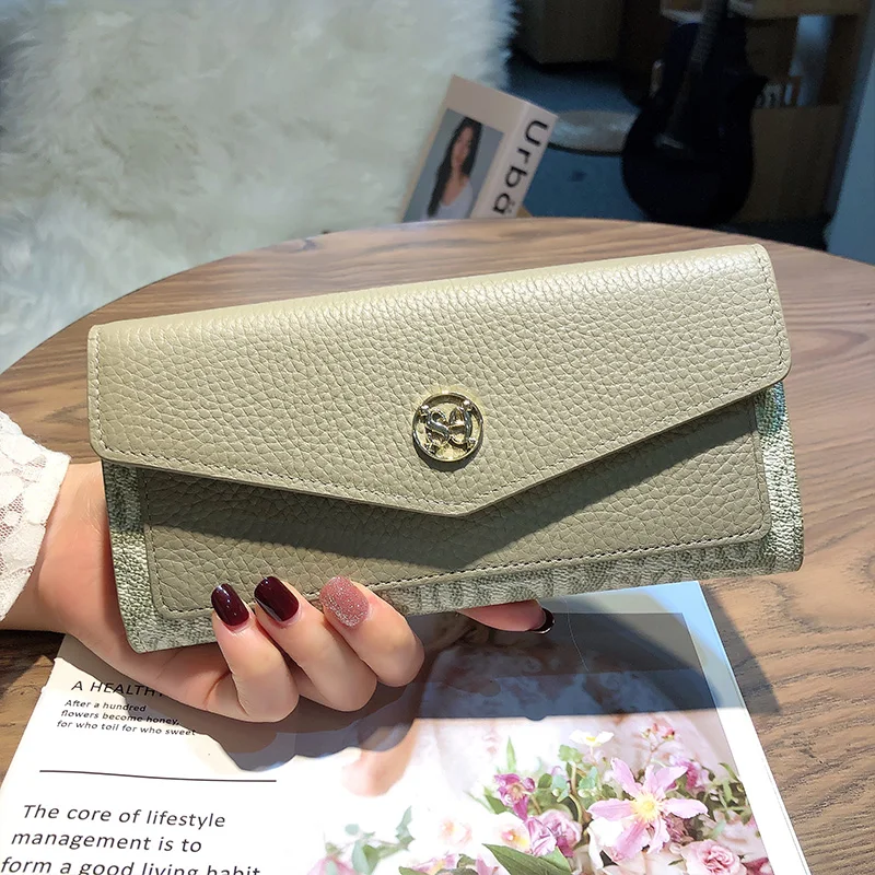 New Two-tone Long Wallet Women Genuine Leather Wallets Letter Pattern Cowhide Clutch Bag Envelope Purses For Ladies Billfold