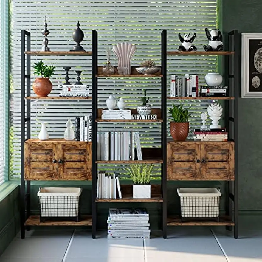 Industrial Bookshelf and Bookcase with 2 Louvered Doors 5 Tiers Triple Wide Display Shelf with Storage Cabinet for Living