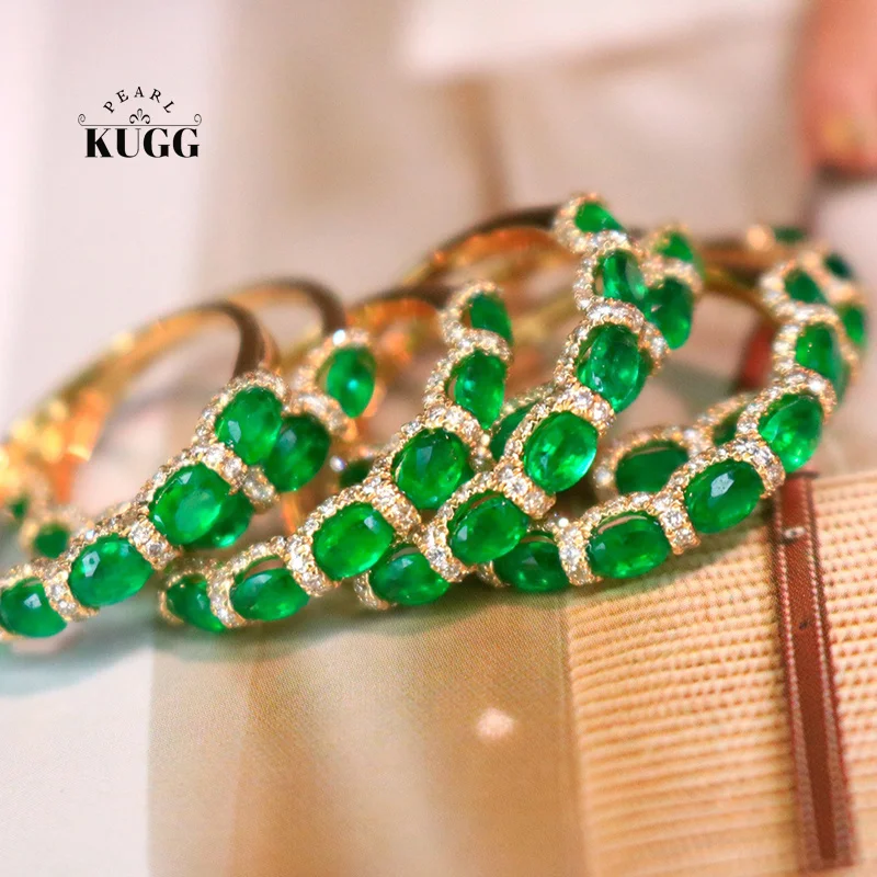 

KUGG 100% 18K Yellow Gold Rings Classic Design Shiny Diamond Natural Emerald Cocktail Ring for Women High Gemstone Jewelry
