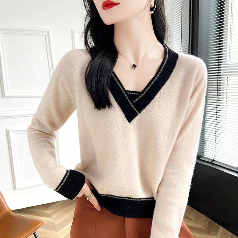 

Короткий вязаный пуловер с v-образным вырезом, шерстяной женский свитер 100, универсальный с длинными рукавами, осенне-зимний хит продаж, новинка