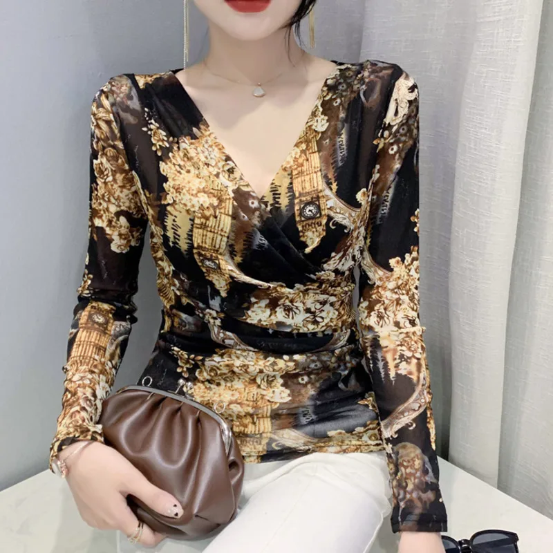 #8026 Spring Autumn Vintage T Shirt Women V-neck Tight Mesh 3D Printed Flower T-shirt Long Sleeve Koeran Style Short Wrap Tee 