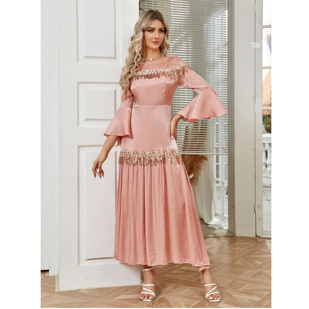 

New Fashion Muslim Women Sequins Maxi Dress Elegant Dubai Turkey Kaftan Evening Wedding Party Gown Ruffle Sleeve Abaya Vestidos