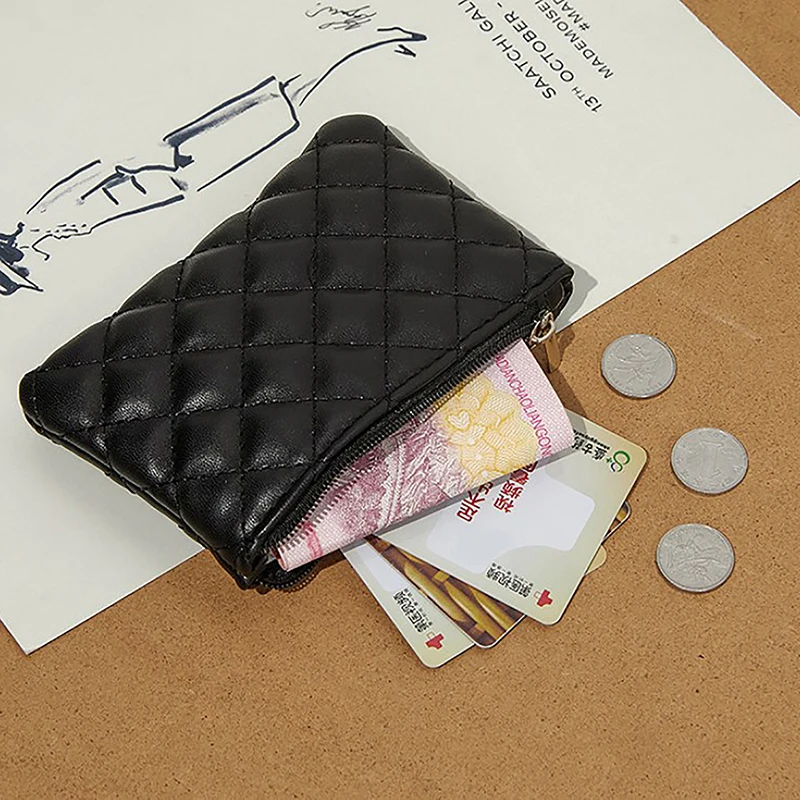 PU Leather Zipper Wallets Pouch Women Small Coin Purse Plaid Print Change Purses Business Card Holder Ladies Mini Coin Bag