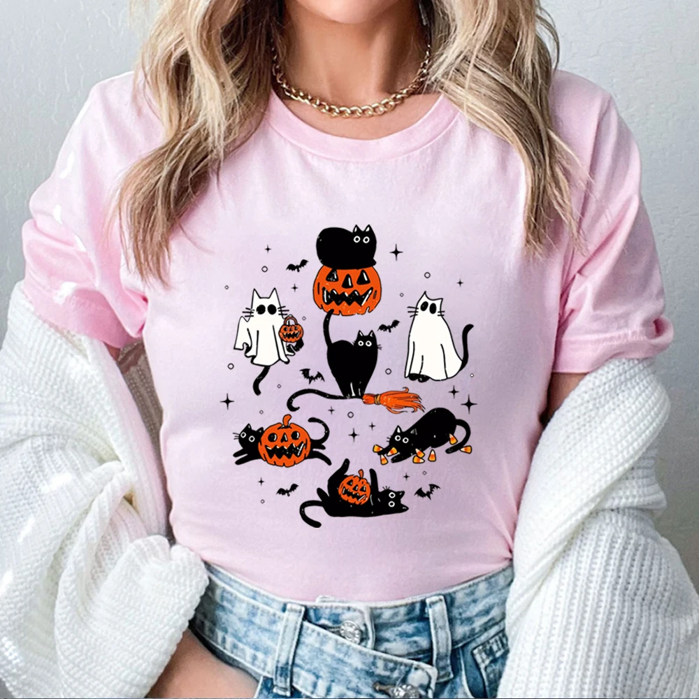 Cute Halloween Ghost Boo Cat Shirt Halloween Cat Shirts Halloween Pumpkin Cat Shirts Spooky Season T-shirt Autumn Women Clothes