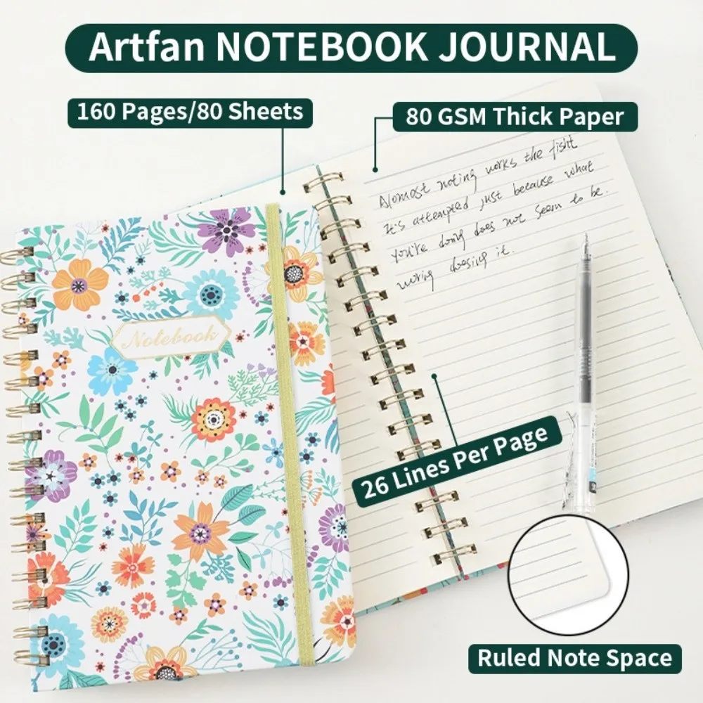 

A5 Spiral Notebook 160 Pages Cute Flowers Hardcover Spiral Diary Notepad Back Pockets Artfan Notebook Journal