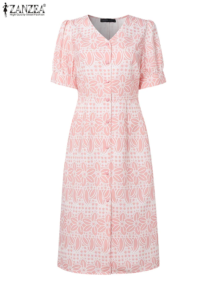 ZANZEA femmes élégant imprimé fleuri Robes mi-longues 2025 été chic col en v manches courtes bouffantes a-ligne Robes Femme boutonné Robes