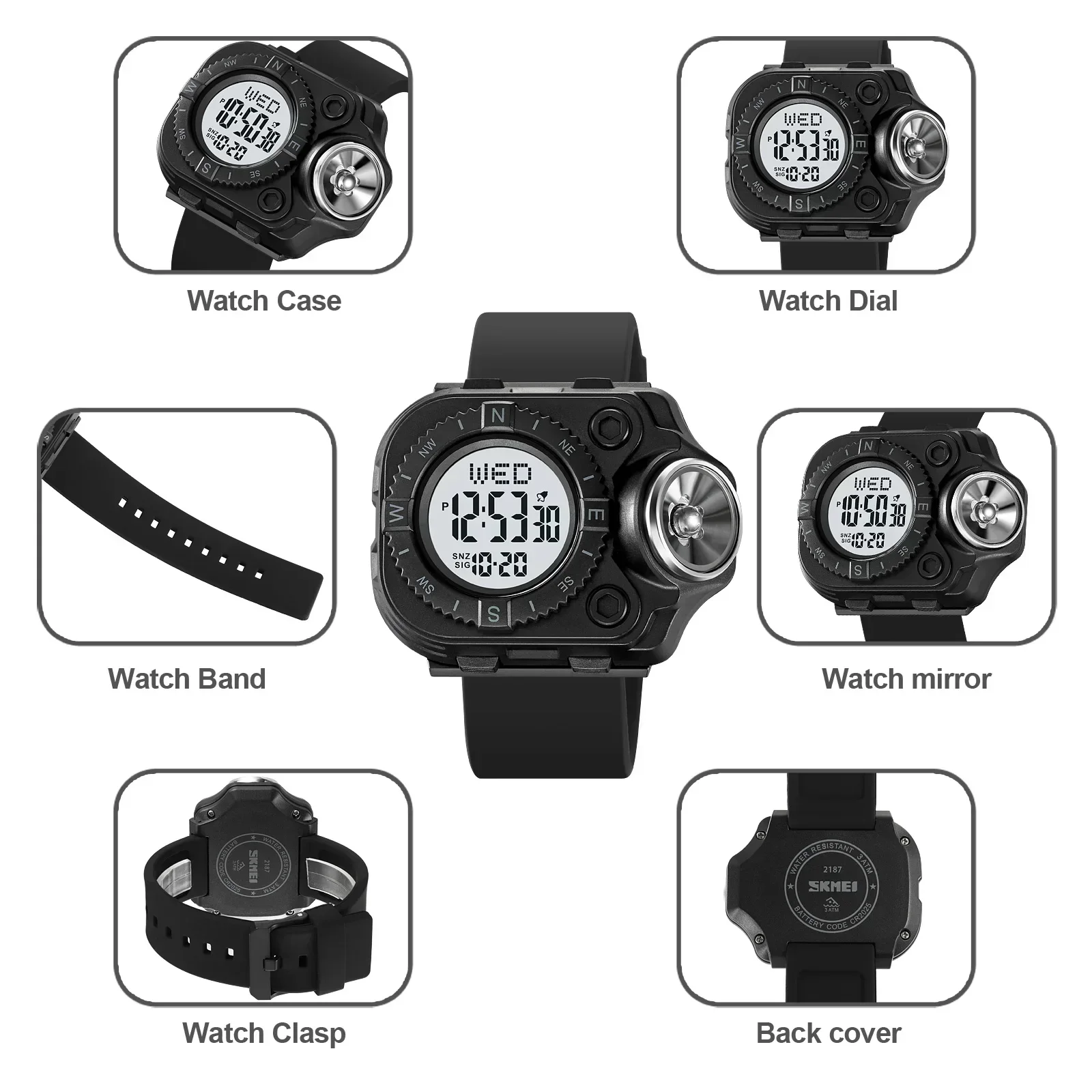 SKMEI 2187  Waterproof Alarm Stopwatch Clock Creative LED Flashlight Countdown Sport Watches Men Back Light Digital Wristwatch