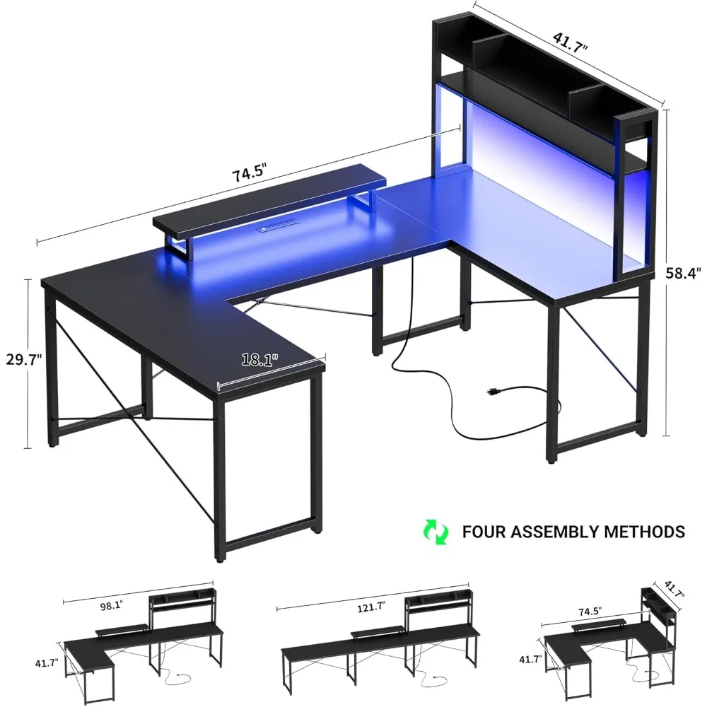 Large U Shaped Computer Desk with Hutch, Customizable Reversible L Shaped Office Desks with Power Outlets & LED Lights, Corner