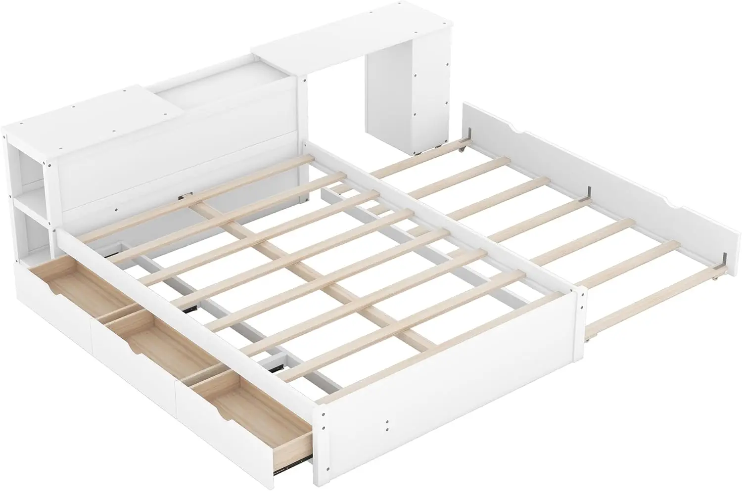 

Wood Full Size Platform Bed with Headboard W/Build-in Rolling Desk, Full Bed Frame with Trundle Bed and Storage Drawers