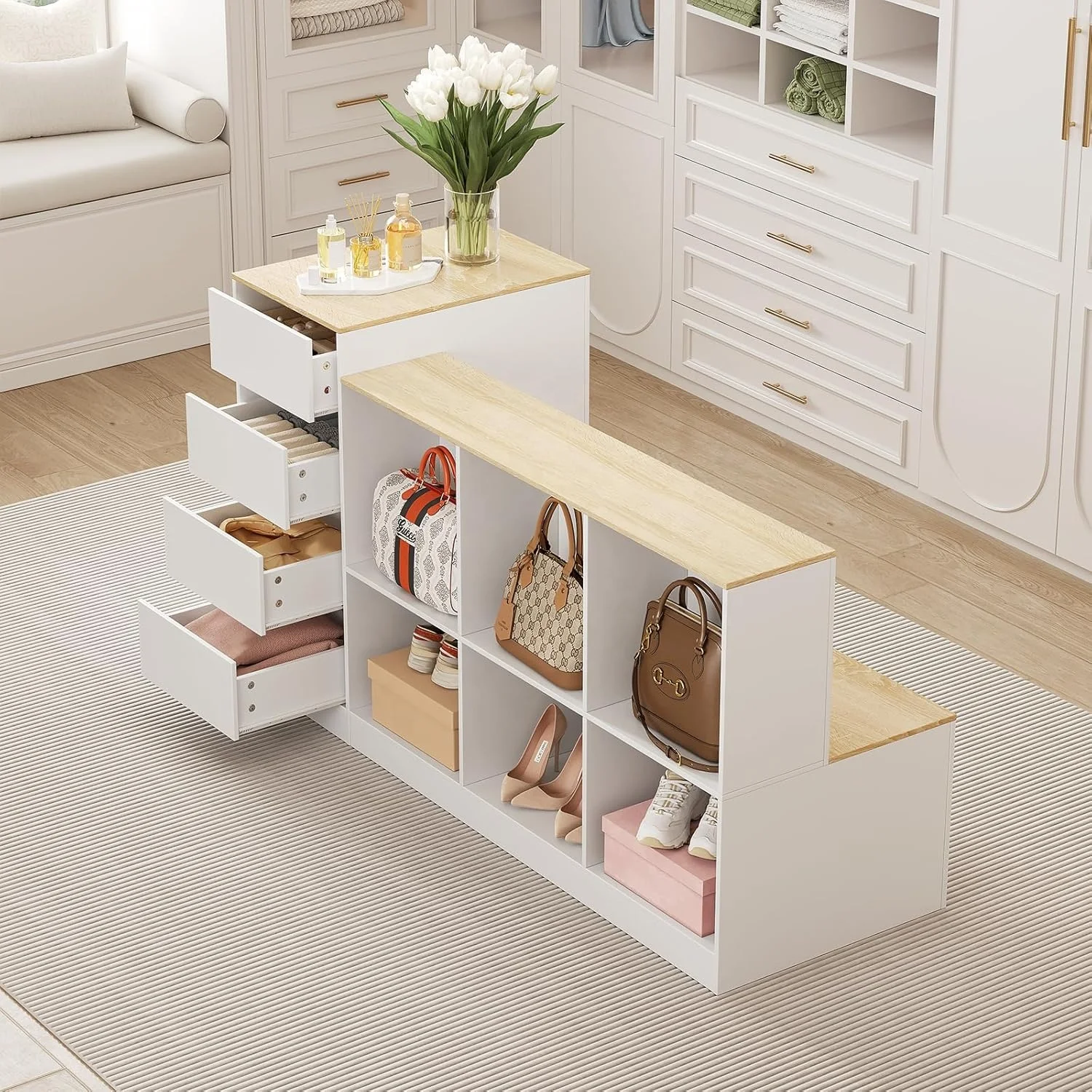 

Custom Walk-in Closet Island Chest Of Drawer With Bench Wooden Multi-space Storagel Display Cabinet Flat Panel Minimalist Design