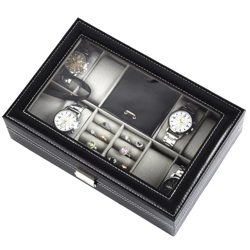 8 Slot PU Leather Watch Box Stand With Mirror Lock Jewelry Display Case Gift Protable Travel Watch Holder Organizer Storage