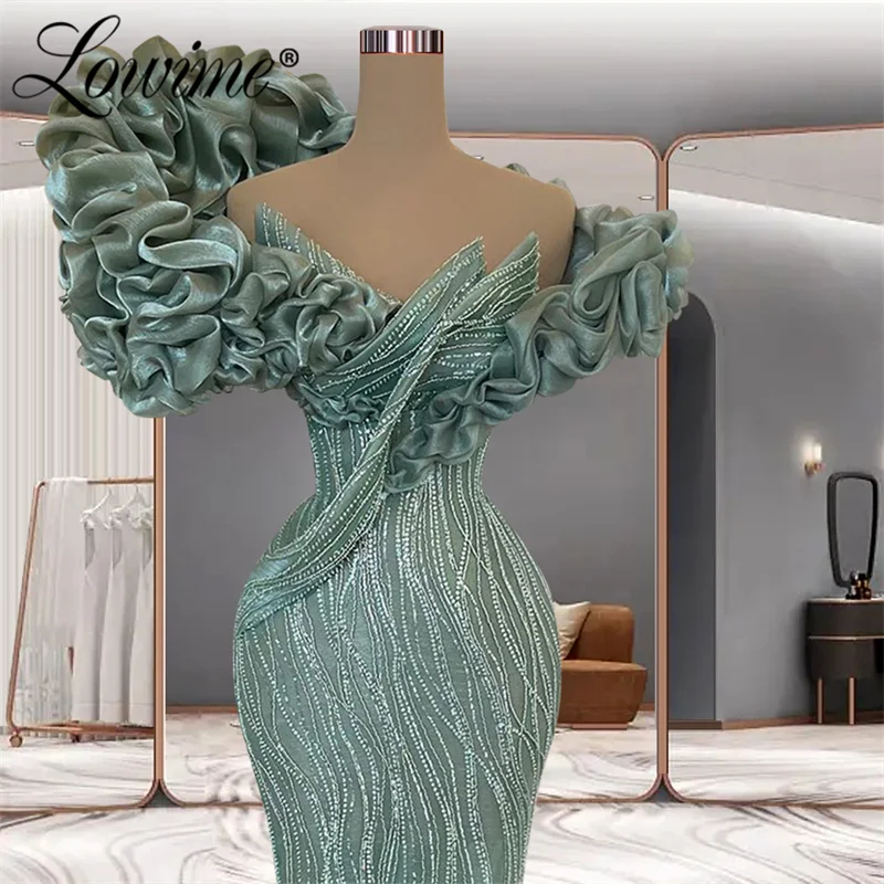 Lowime Ruffles Off The Shoulder Evening Dresses Mermaid Sequin Beads Long Party Gown Arabic Sweetheart Prom Dress Plus Size Robe