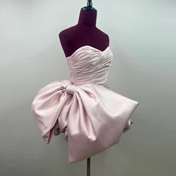 Cute Pink Mini Dress with Detachable Big Bow Sweetheart Ruffled Bubble Skirt Mini Length Birthday Party Dress Side Bow Prom Gown
