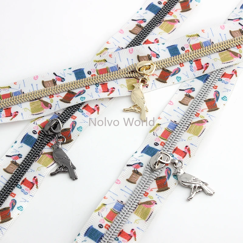 5/20/100Yards 5# Nylon Sewing Coils+Bird Zippers Tape With Pattern For Coat Shoes Clothes Bags Puller Slider Tailor Accessories