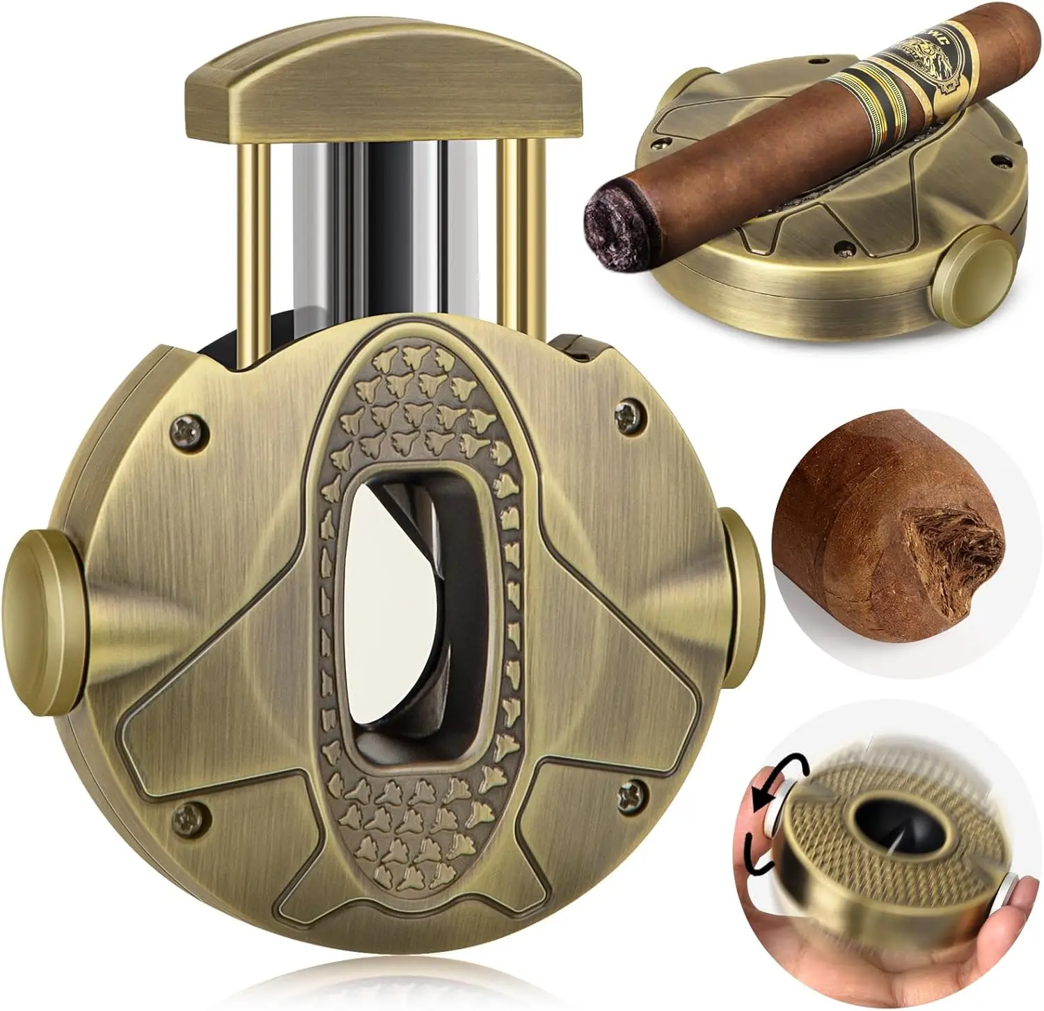 

3 in 1 Cigar V Cutter: Stainless Steel Blade, Holder & Rotator, Ergonomic Round Design for Cigar Lovers