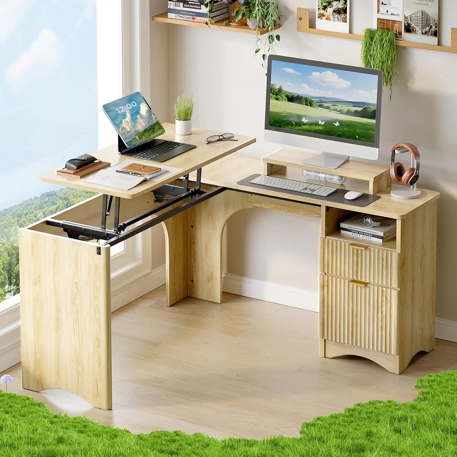 L Shaped Desk Lift Top 55 Inch Corner Desk USB Drawers Modern Oak Home Office Desk Manual Sit Stand Lift Top File Drawers Power