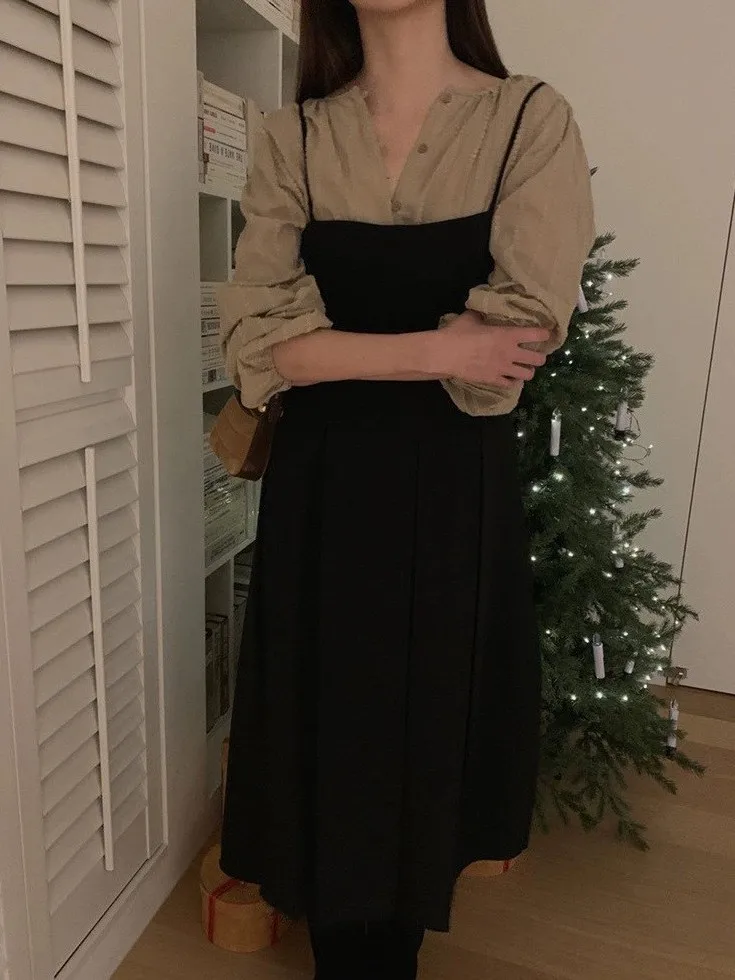 

Spring 2026 Dongdaemun Baby Sauce Quick Release Shoulder Sleeve Shirt Dress Korean Style Loose Fit Long Sleeve Unisex Cotton